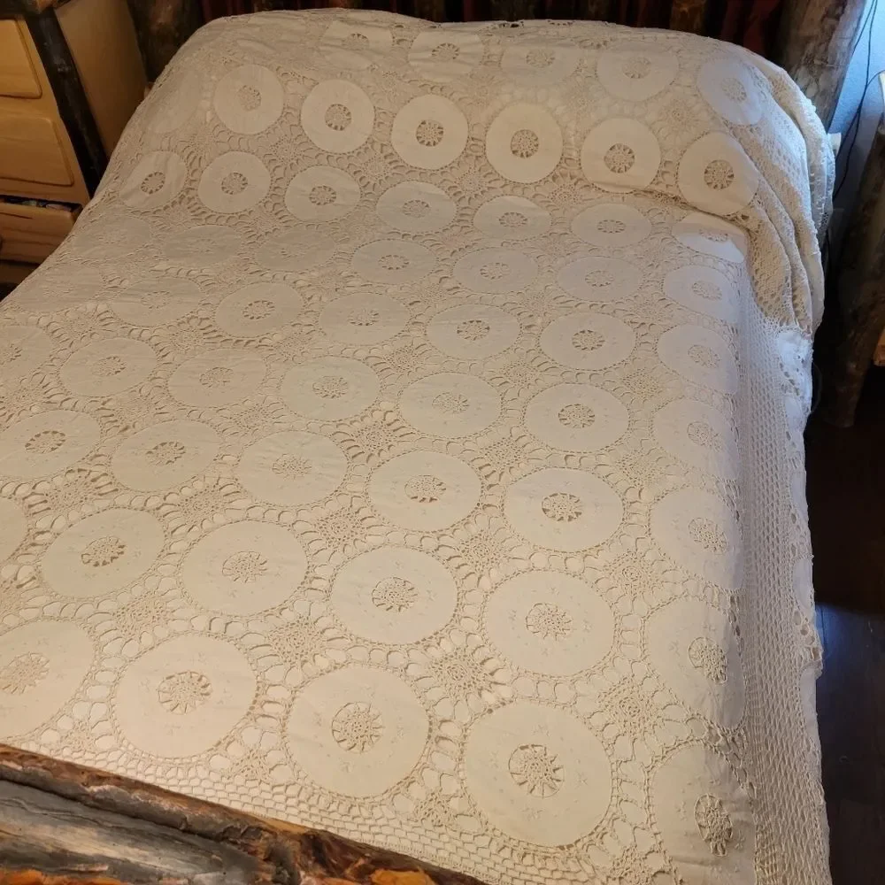 Antique Vintage Hand Crochet Lace King Size Duvet Cover Off-white Cream